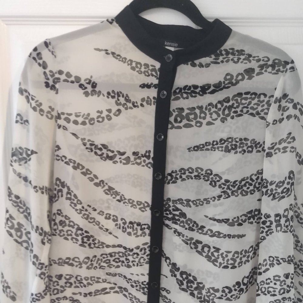 Blouse long sleeve, cream and leopard print, sheer. size Small